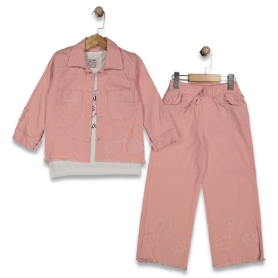 KIZ 5/12 YAŞ YAPRAK NAKIŞLI 3 LÜ KOT  TAKIM