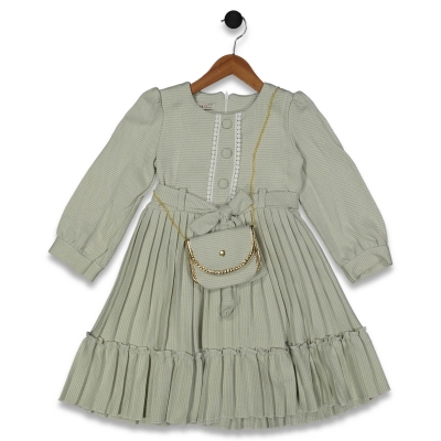 KIZ 5/8 YAŞ KETEN ÖRME PİLİSELİ ÇANTALI ELBİSE