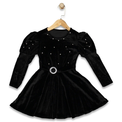 KIZ 6/10 YAŞ İNCİLİ KARPUZ KOLLU KADİFE ELBİSE