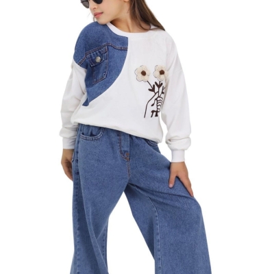 KIZ 6/10 YAŞ ORLON 3 ÇİÇEK NAKIŞLI KOT PANTALONLU