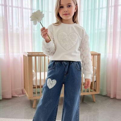 KIZ 6/10 YAŞ TÜLLÜ KALP NAKIŞLI KOT  PANTALONLU TA