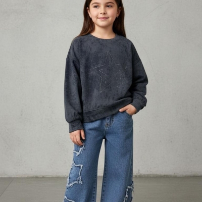 KIZ 6/10 YAŞ YILDIZLI BADİLİ KOT PANTALONLU TAKIM