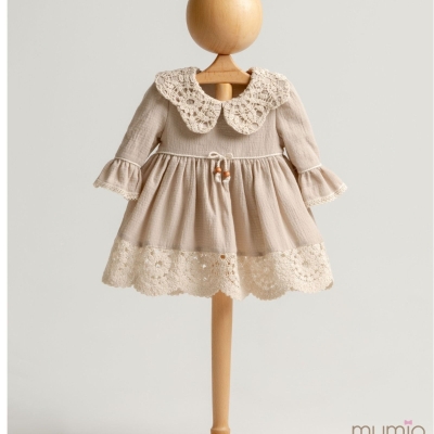 KIZ 6/24 AY BONCUKLU NATUREL UZUN KOL ELBİSE