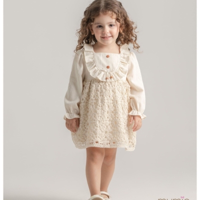 KIZ 6/24 AY BONCUKLU NATUREL UZUN KOL KIZ ELBİSE