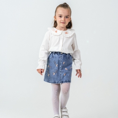 KIZ 6/9 YAŞ ÇİLEK İŞLEMELİ KOT ETEKLİ ÜÇLÜ TAKIM