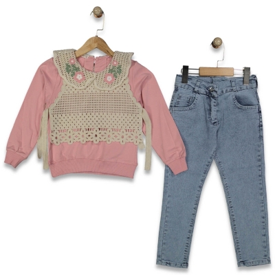 KIZ 6/9 YAŞ DANTEL YELEKLİ ÜÇLÜ TAKIM