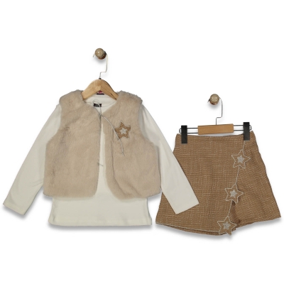 KIZ 6/9 YAŞ YELEKLİ YILDIZLI 3LU TAKIM