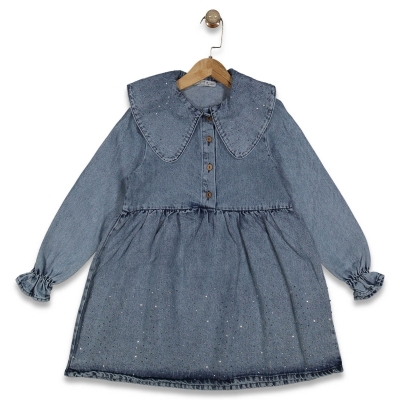 KIZ 7/12 YAŞ TAŞLI YAKALI  KOT ELBİSE