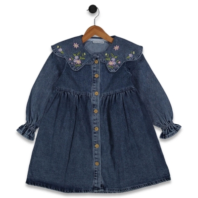 KIZ 7/12 YAŞ YAKASI ÇİÇEKLİ  KOT ELBİSE