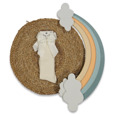 KIZ 7/8 YAŞ FİYONKLU EKRU DİZALTI ÇORAP