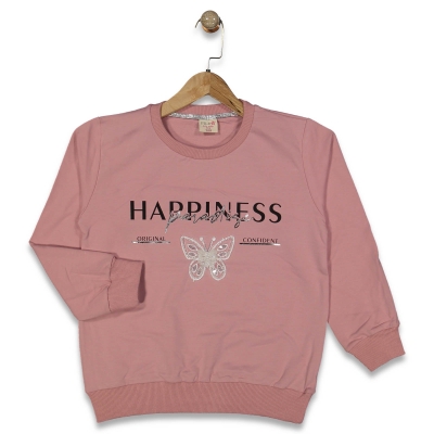 KIZ 8/14 YAŞ HAPPİNESS BASKILI KELEBEKLİ UZUN  KOL