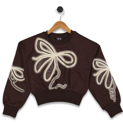 KIZ 8/16 YAŞ 2 İP FİYONK BASKILI VE TAŞLI SWEAT