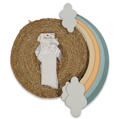 KIZ 9/10 YAŞ FİYONKLU EKRU DİZALTI ÇORAP