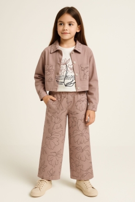 KIZ 9/12 YAŞ ÇİÇEK DESENLİ KOT CEKET TAKIM