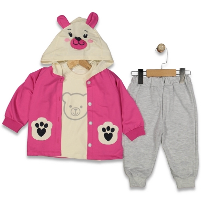 KIZ 9/18 AY PATİ BASKILI AYI 3LÜ HIRKALI TAKIM