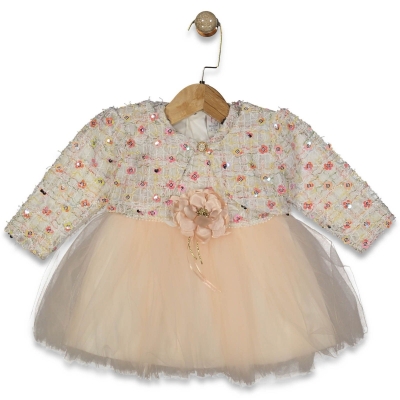 KIZ 9/18 AY RENKLİ ÇİÇEKLİ PULLU BOLEROLU ELBİSE