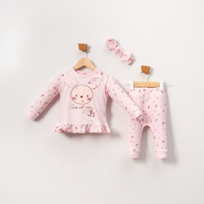 KIZ 9/24 AY ÇİÇEK BASKILI TAVŞAN DETAYLI 3’LÜ KIZ