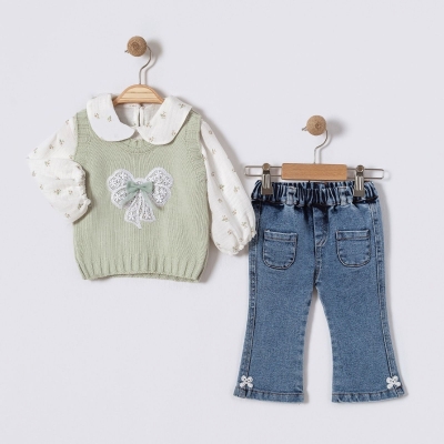 KIZ 9/24 AY ÇİÇEKLİ TUNİK FİYONKLU TRİKO SÜETERLİ