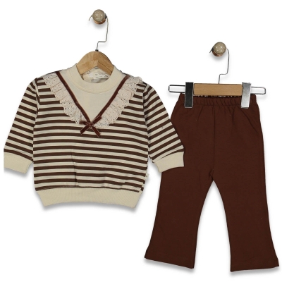 KIZ 9/24 AY ÇİZGİLİ V YAKA GÜPÜRLÜ DETAYLI 2Lİ TAK