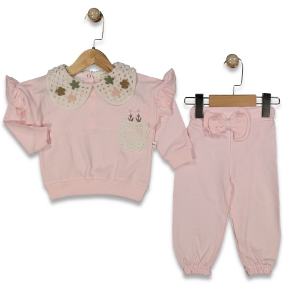 KIZ 9/24 AY ÖRGÜ YAKA ÇİÇEK CEPLİ 2 Lİ TAKIM