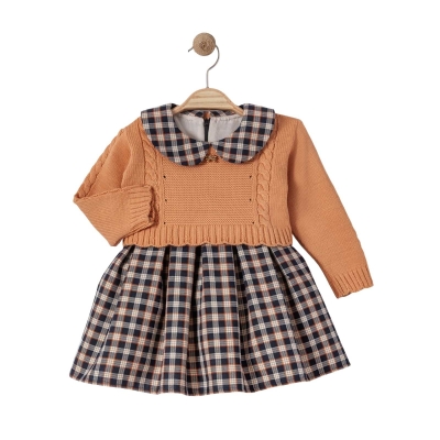 KIZ 9/24 AY TRİKO KAZAKLI EKOSELİ PİLELİ ELBİSE