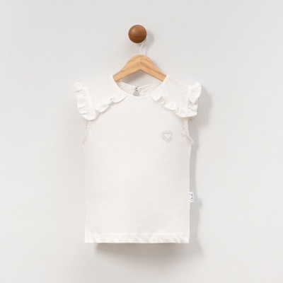 KIZ ÇOCUK 5-8 YAŞ KOLARI FIRFIRLI TAŞ BASKILI TİŞÖRT