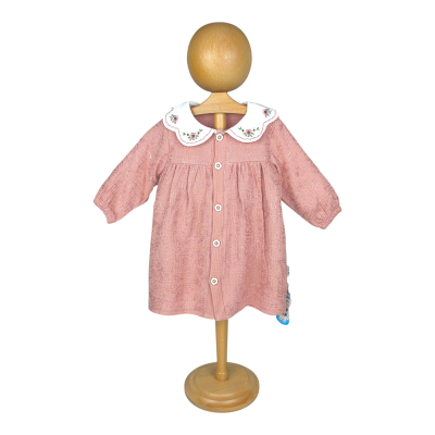 Nakışlı Müslin Yakalı Düğmeli Elbise