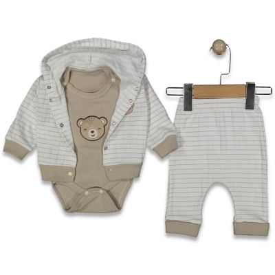 UNISEX 3/9 AY ÇİZGİLİ AYICIKLI  3&#039;LÜ TAKIM